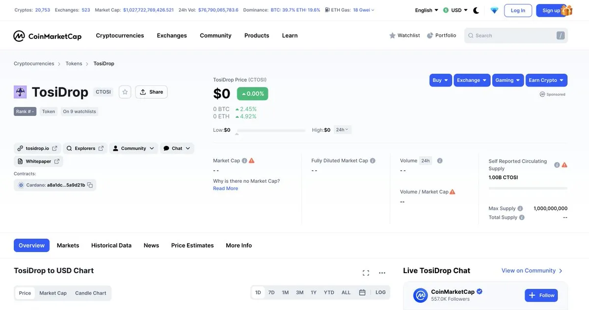 cTosi TosiDrop token listed on coinmarketcap