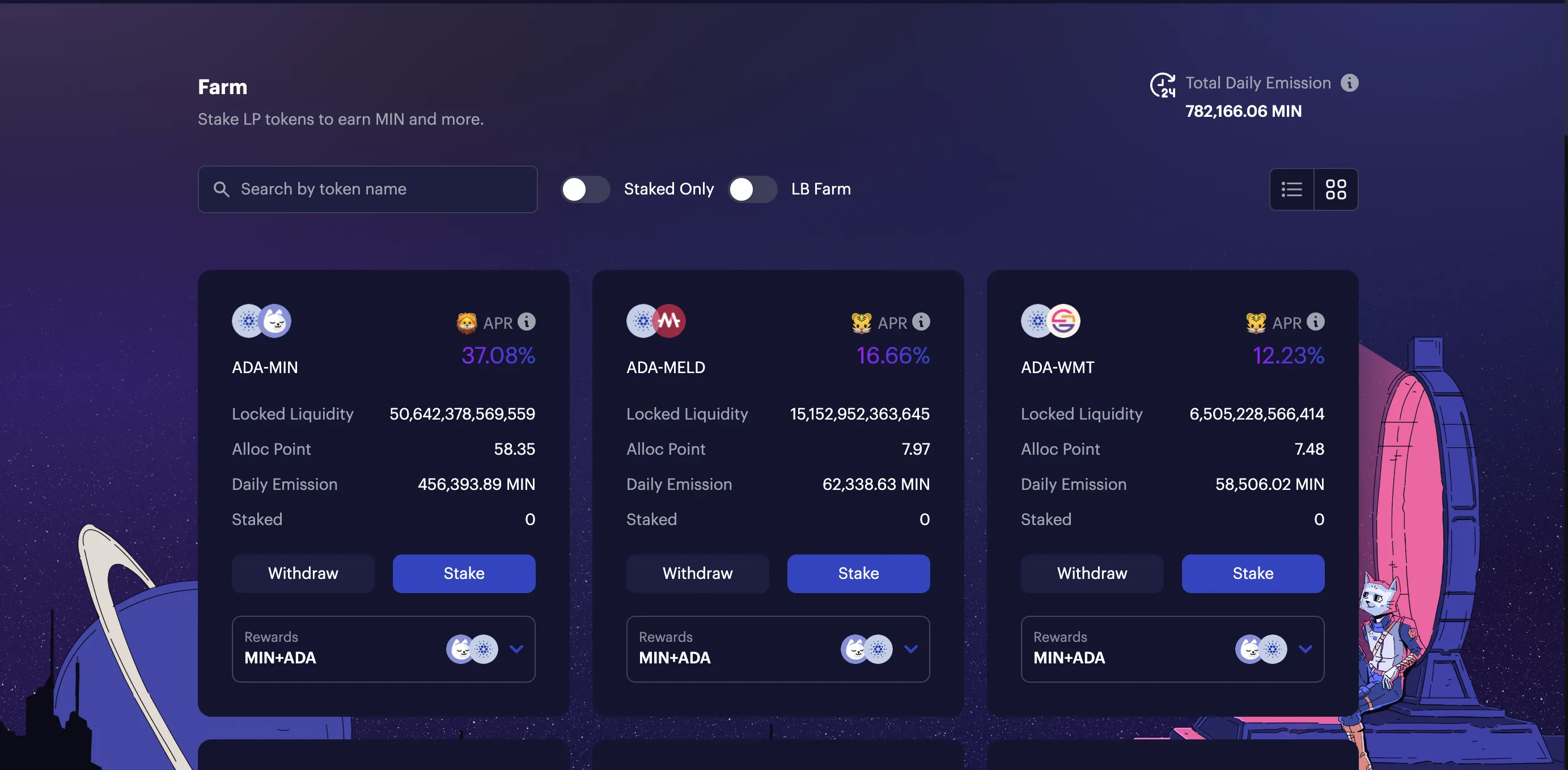 MinSwap displays MIN token daily emission rate on their yield farm page