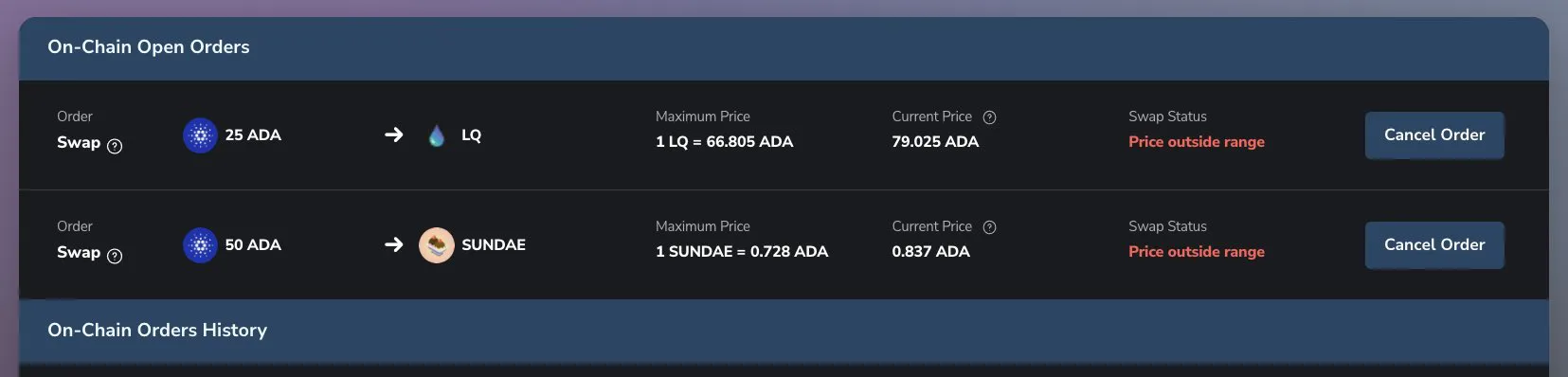 SundaeSwap Orders Tab shows slippage tolerance